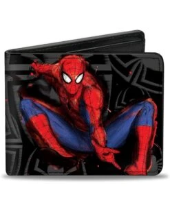 Buckle-Down Mens Buckle-down Pu Bifold - Spider-man Jumping Pose Sketch/Scattered Spiders Black/Gray/Red/Blue Bi Fold Wallet, Multicolor, 4.0 X 3.5 US