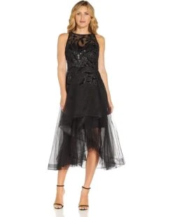 Adrianna Papell Sleeveless Burnout Party Dress With High-Low Tiered Hem